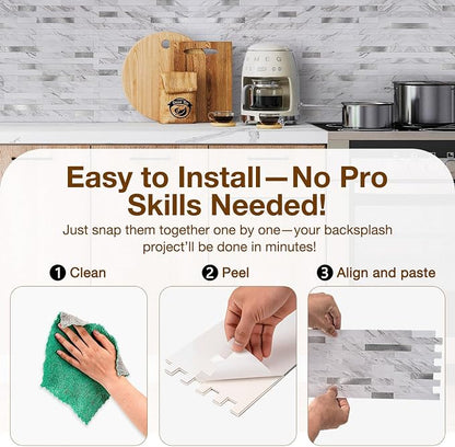 Peel and Stick Backsplash Tile Waterproof Removable PVC Wall Sticker 3D Faux Stone Marble Brick White Accent Panels (White Marble - Metal Silver, 20 Tiles - 9 sq. ft. (0.84 M²))