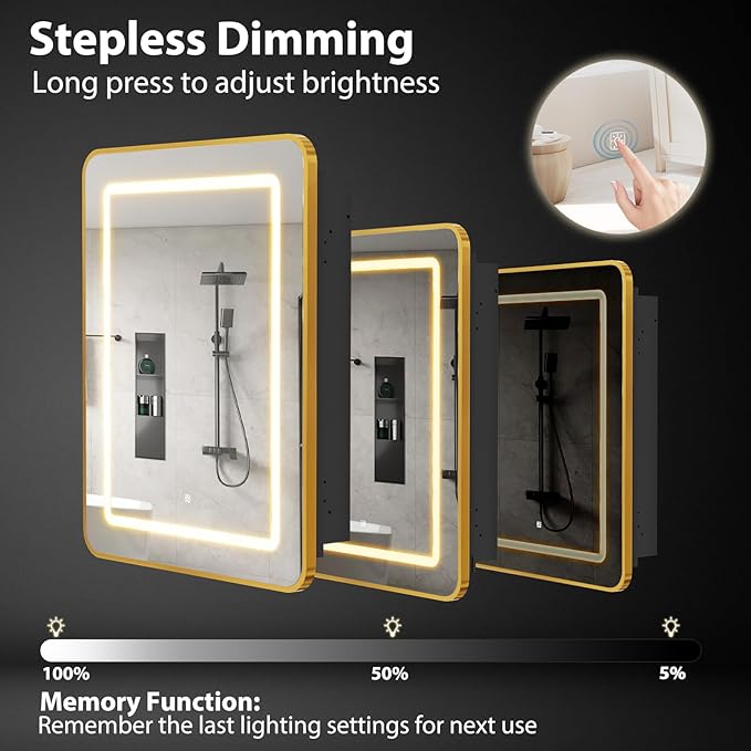 ROOMTEC Lighted Medicine Cabinet with Mirror 20"x30", Bathroom Mirror Cabinet with Lights and Storage, Single Doors Bathroom Wall Cabinet with LED Lights,Gold