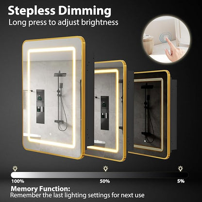 ROOMTEC Lighted Medicine Cabinet with Mirror 20"x30", Bathroom Mirror Cabinet with Lights and Storage, Single Doors Bathroom Wall Cabinet with LED Lights,Gold