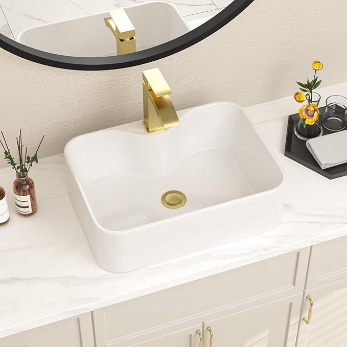 Bathroom Vessel Sink 19" x 15" Rectangle With Gold Faucet And Gold Drain Combo Bowl Sink Bathroom Countertop Rectangular White Farmhouse Lavatory Vanity Sink Basin