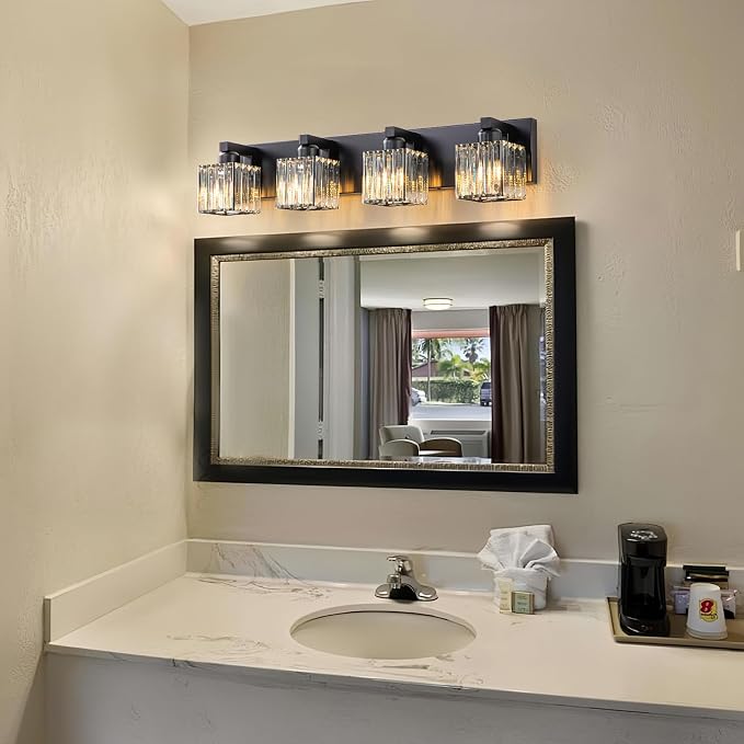 Black Bathroom Light Fixtures, 4-Light Modern Bathroom Vanity Lights Over Mirror, Wall Light Fixtures with Square Shade