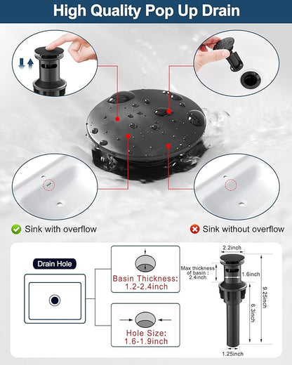 Waterfall Faucet, Brass Black Bathroom Sink Faucet 1 Hole or 3 Holes (4 Inch) with Single Handle, Pop-Up Drain, Lead-Free cUPC Supply Hoses & Deck Plate for Vanity Lavatory RV
