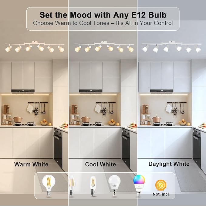 HiBay 6-Light Track Lighting, Flexible Modern Ceiling Light Fixture White | with Glass Shades, Flush Mount Ceiling Wall Track Spot Lights Indoor for Kitchen, Living Room, Bedroom, E12 Base, No Bulbs