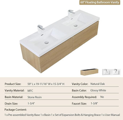 60'' Floating Bathroom Vanity with Sink Combo, Modern Wall-Mounted Striped Bathroom Storage Cabinet with Soft-Close Drawer and Double Glossy White Solid Surface Basins, Natural Oak