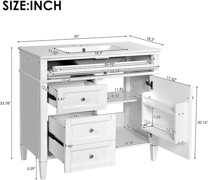 Merax 36 Inch Bathroom Vanity with Top Sink, Modern Bathroom Storage Cabinet with 2 Drawers and a Tip-Out Drawer, Solid Wood Frame Single Sink Bath Vanities, White