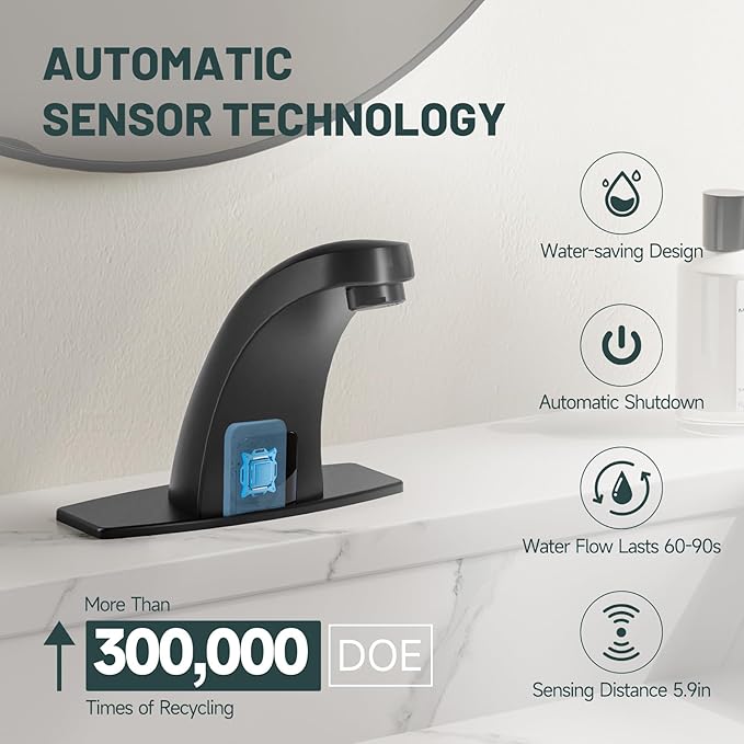 Touchless Bathroom Sink Faucets, Greenspring Automatic Faucet Bathroom Commercial Motion Sensor Faucet Battery or Plug-in Powered with Control Box and Temperature Mixer, Black