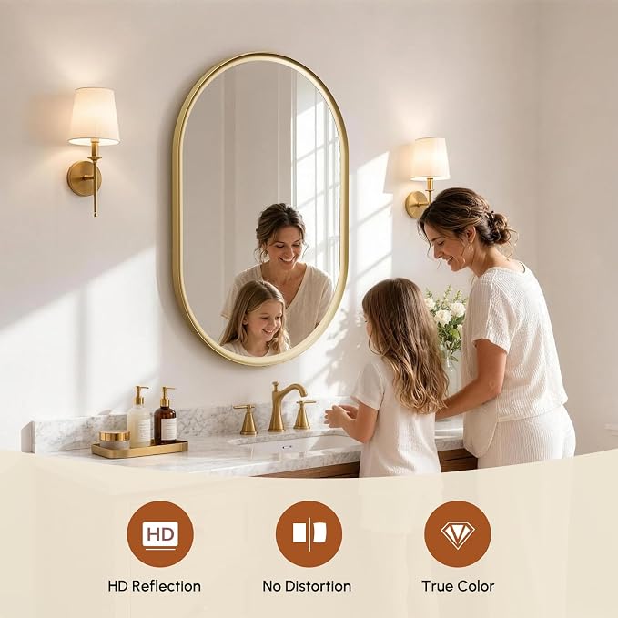 Brushed Gold Pill Oval Mirror for Bathroom 24x36 Inch | Small Vanity Mirror, Crystal-Clear HD Glass, Rust-Proof Aluminum Frame, Inner-Curved Decor for Bedroom, Entryway Renovation