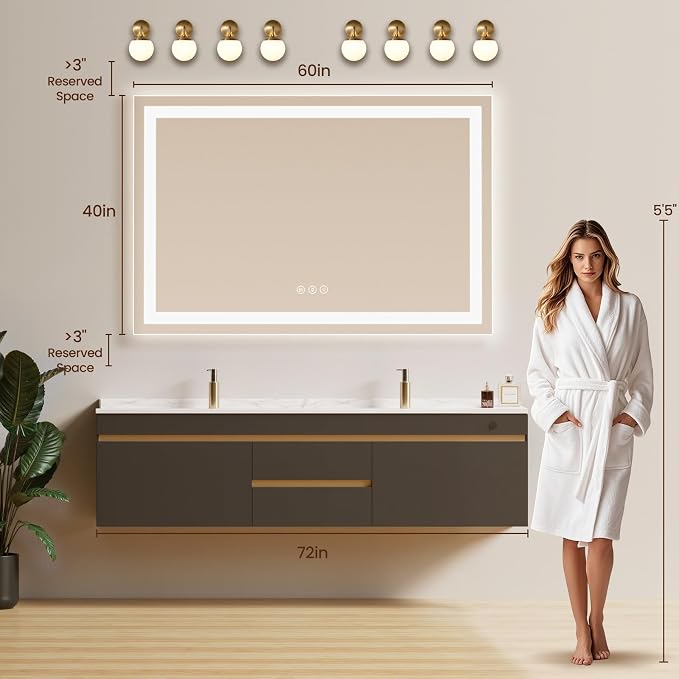 60x40 LED Bathroom Mirror with Anti-Fog, Backlit & Front Lit, Memory | Stepless Dimmable 3 Color CRI 95+ Shatterproof Tempered Glass ETL Listed for Safety Lighted Bathroom Vanity Mirror for Wall