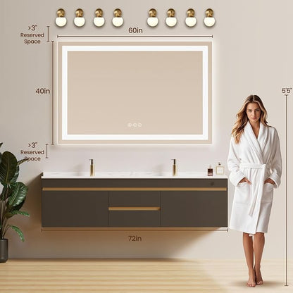 60x40 LED Bathroom Mirror with Anti-Fog, Backlit & Front Lit, Memory | Stepless Dimmable 3 Color CRI 95+ Shatterproof Tempered Glass ETL Listed for Safety Lighted Bathroom Vanity Mirror for Wall