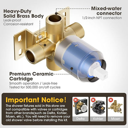 Shower Faucet Set Bathtub Faucet Set with Valve Included Shower Valve Kit with All-Metal High Flow Tub Spout,6 Inch High Pressure Head,Solid Brass Valve Body and Metal Handle Trim,Black