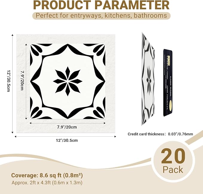 20-Pack Peel and Stick Floor Tile, 7.9”x7.9” Vinyl Flooring for Bathroom Kitchen, Waterproof Non-Slip Durable Self-Adhesive Easy DIY Removable No Residue White