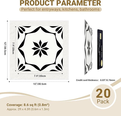 20-Pack Peel and Stick Floor Tile, 7.9”x7.9” Vinyl Flooring for Bathroom Kitchen, Waterproof Non-Slip Durable Self-Adhesive Easy DIY Removable No Residue White
