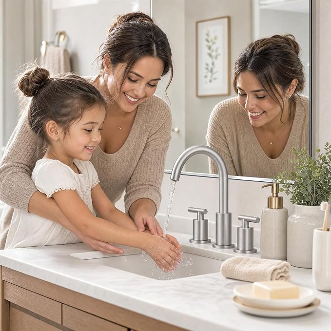 Widespread Bathroom Faucet 2 Handle Vanity Sink Faucet Brush Nickel | SUS 304 Stainless Steel, 360° Swivel Spout, Pop-up Drain, Ceramic Valve, Aerated Stream, 20-Min DIY Install
