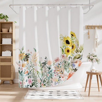 AmazerBath Floral Shower Curtain, Cloth Fall Flower Shower Curtains for Bathroom Decor, Rustic Washable Sunflower Eucalyptus and Leaves Fabric Shower Curtain Sets with 12 Metal Hooks, 72x72 Inches