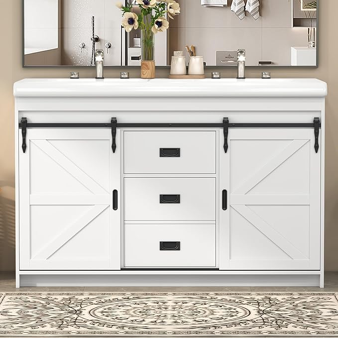 48" White Farmhouse Double Bathroom Vanity, 2 Ceramic Sinks, Freestanding with 2 Sliding Doors, 2 Drawers & Shelves, Actual 47.3" L x 19.7" W x 35.5" H