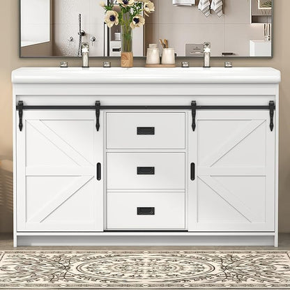 48" White Farmhouse Double Bathroom Vanity, 2 Ceramic Sinks, Freestanding with 2 Sliding Doors, 2 Drawers & Shelves, Actual 47.3" L x 19.7" W x 35.5" H