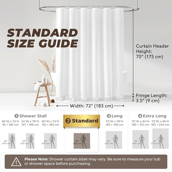 Linen Shower Curtain Boho White Shower Curtain with Tassels 72"W x 72"L | Thick linen-poly blend, soft textured drape, handcrafted fringe, neutral rustic farmhouse bathroom decor