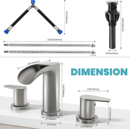 Brushed Nickel Bathroom Faucets - Waterfall 8 Inch Widespread Bathroom Sink Faucet, 2 Handles Vanity Faucets 3 Holes for Lavatory Restroom RV Bathtub with Pop Up Drain & Supply Lines