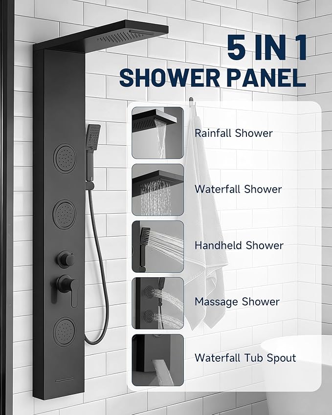 Homevacious Shower Panel Tower System Rainfall Waterfall Shower Head 3 Massage Body Jets Handheld Shower Head and Tub Spout Wall Mounted Multi-Function Bathroom Shower Panel Matte Black