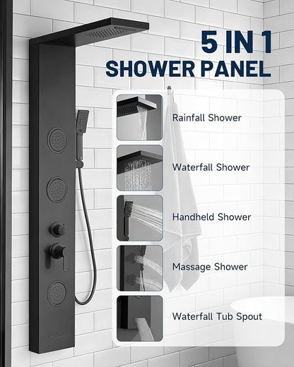 Homevacious Shower Panel Tower System Rainfall Waterfall Shower Head 3 Massage Body Jets Handheld Shower Head and Tub Spout Wall Mounted Multi-Function Bathroom Shower Panel Matte Black