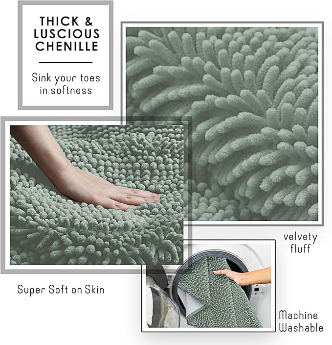 Hearth & Harbor Bathroom Rugs, Chenille Bath Mat - Machine Washable Bath Mats for Bathroom Non-Slip Backing Rubber, Quick Dry Bathroom Mat, 17 x 24 + 20 x 24 - Ice Green