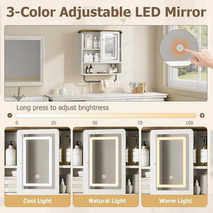 QUW Modern Bathroom Wall Cabinet, Medicine Cabinets with Mirror, Over The Toilet Storage Cabinet for Bathroom, Towel Bar, Sliding Door, 3 Lighting Modes, Adjustable Brightness, Antique White