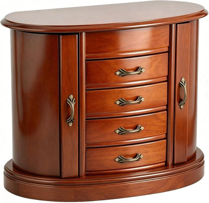 RR ROUND RICH Solid Wood Jewelry Box for Women Brown | Large Capacity Organizer with Rotating Necklace Holder, Mirror & 4 Drawers, Vintage Brown Gift Box