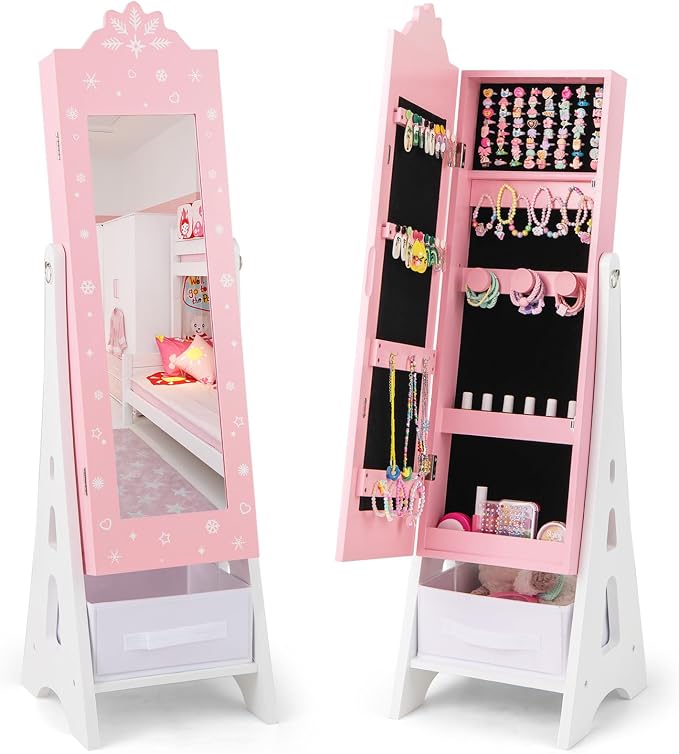 CHARMAID Kids Jewelry Cabinet - Standing Full Length Mirror With Storage, Ring Earring Necklace Organizer Box, Vanity Dressing Armoire for Girls (Pink)