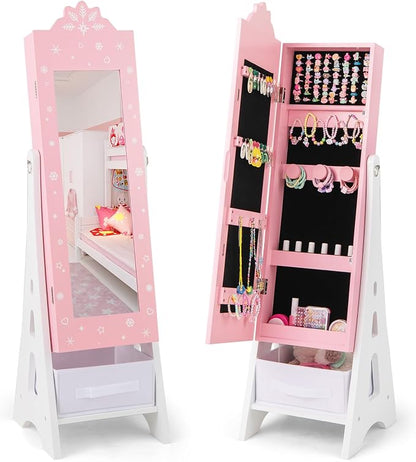 CHARMAID Kids Jewelry Cabinet - Standing Full Length Mirror With Storage, Ring Earring Necklace Organizer Box, Vanity Dressing Armoire for Girls (Pink)