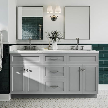 ARIEL Hamlet 66-inch Bathroom Vanity with Sink,Solid Wood, 1.5-inch Carrara White Quartz Countertop & Backsplash, Double Rectangular Porcelain Sink, 4 Soft Closing Doors, 3 Dovetail Drawers, Grey