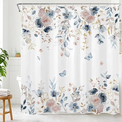Pink Floral Shower Curtain for Bathroom, Pink and Blue Flower Butterfly Country Nature Fabric Bathroom Curtain Set with Hooks, 72 x 72 Inch