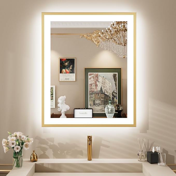 24x32 Inch LED Bathroom Mirror with Gold Frame | Gold Metal Frame, Front and Backlit, 3 Colors, Dimmable, Memory, Anti Fog, Tempered Glass, Lighted Mirror for Wall