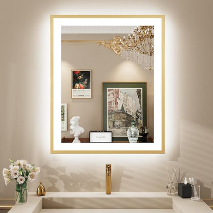 24x32 Inch LED Bathroom Mirror with Gold Frame | Gold Metal Frame, Front and Backlit, 3 Colors, Dimmable, Memory, Anti Fog, Tempered Glass, Lighted Mirror for Wall