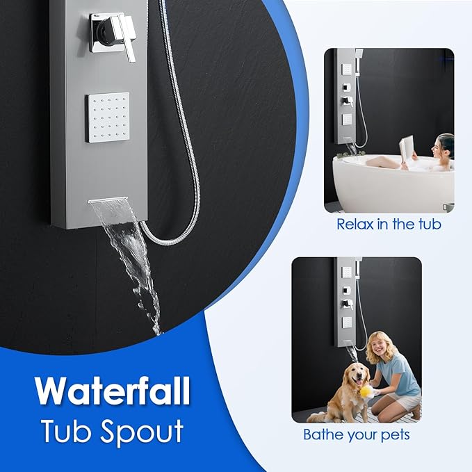 ROVOGO Shower Panel Tower System with Led Lights, 2-Setting Shower Head, Body Jets, Handheld and Tub Spout, Stainless Steel Shower Column with Mixer Valve, 46.5", Brushed