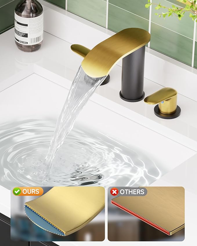 WOWOW Waterfall Bathroom Faucet 3 Holes 8Inch Widespread Bathroom Sink Faucet, Two Handles Lavatory Vanity Sink Faucets with Pop-up Drain & Supply Hoses, Modern Faucet Mixer Taps Black and Gold