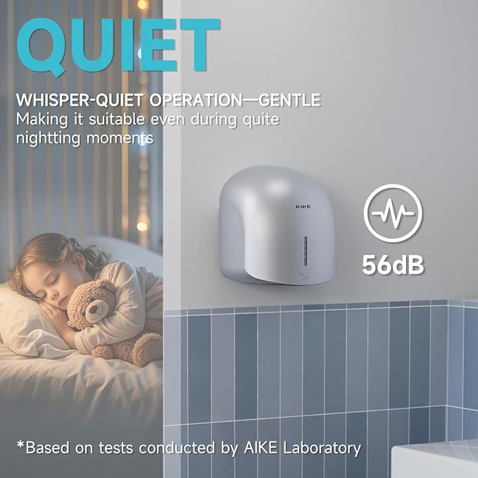 AIKE GentleAir Warm Hand Dryer,Low Noise for Home Bathroom,Stardust Silver | GentleAir Warm Dry,Plug-in Easy Install and Low Noise Experience for Home Bathroom,Smart and Sophisticated ABS Look,AK2637