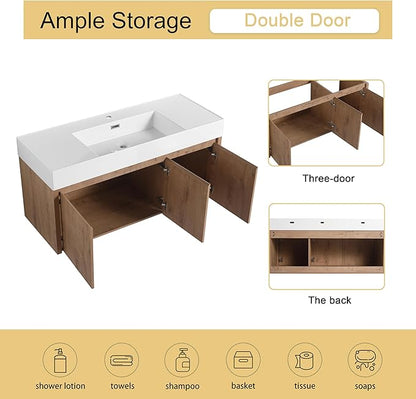 Malwee 48 Inch Floating Bathroom Vanity with Sink, 48'' Single Sink Wall Mounted Bathroom Vanity, with 2 Doors and White Resin Basin Top, Wall Hung Storage Cabinet Set (035-48)