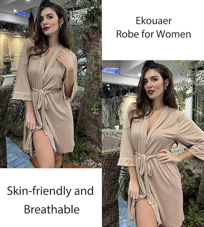 Ekouaer Women Kimono Robes Knee Length Knit Bathrobe Lightweight Soft Sleepwear V-neck Casual Ladies Loungewear