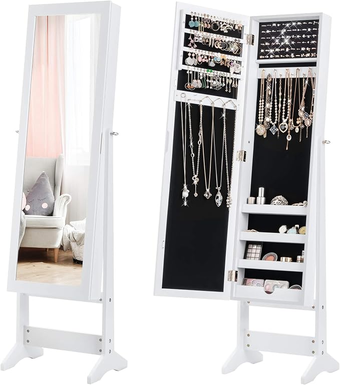 GIANTEX Jewelry Cabinet with Full-Length Mirror, Standing Jewelry Armoire Organizer with 64 Earring Slots, 72 Ring Slots, 20 Necklace Hooks, 4 Storage Shelves, 3 Angle Adjustable (White)