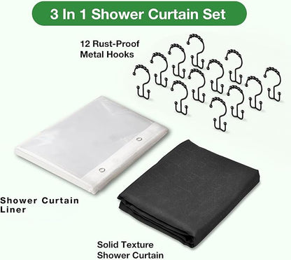 Shower Curtain and Liner Set with Hooks Shower Curtain Set Black | 3 in 1 Shower Curtain Set 72x72 Shower Curtain and Liner with Hooks Fabric Shower Curtains for Bathroom Hotel Waterproof
