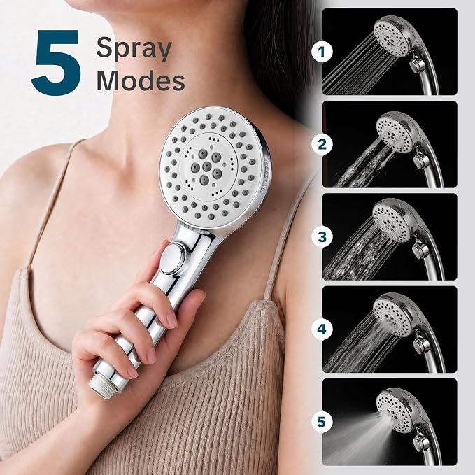 OFFO Handheld Shower Head with Adjustable Shower Head Holder, 5 Mode Handheld Shower Head with On Off Switch for Water Saving, High Flow Showerheads with 60" Stainless Steel Hose, Silver