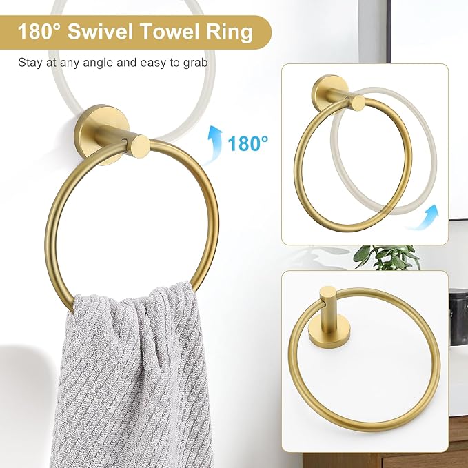 TQKAG 8-Pieces Bathroom Hardware Set, Brushed Gold Towel Bar Set 23.6 Inch | Towel Racks for Bathroom Wall, SUS304 Stainless Steel, Gold Bathroom Accessories with Paper Holders, Towel Rings, Towel Hooks