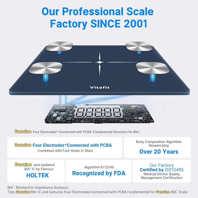 Vitafit FSA&HSA Smart Weight Scale, Accuracy 0.1lb by Our Professional Scale Factory Since 2001, Scale for Body Weight App Sync 13 Body Composition with BMI, Body Fat and Muscle, 400lb, LED, Blue