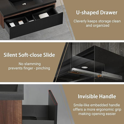 42 Inch Floating Bathroom Vanity with Sink, Modern Wall-Mounted Storage Cabinet with Wave Texture Drawers, Soft-Close & Black Quartz Sand Basin, Smoked Walnut,Fully Pre-Assembled