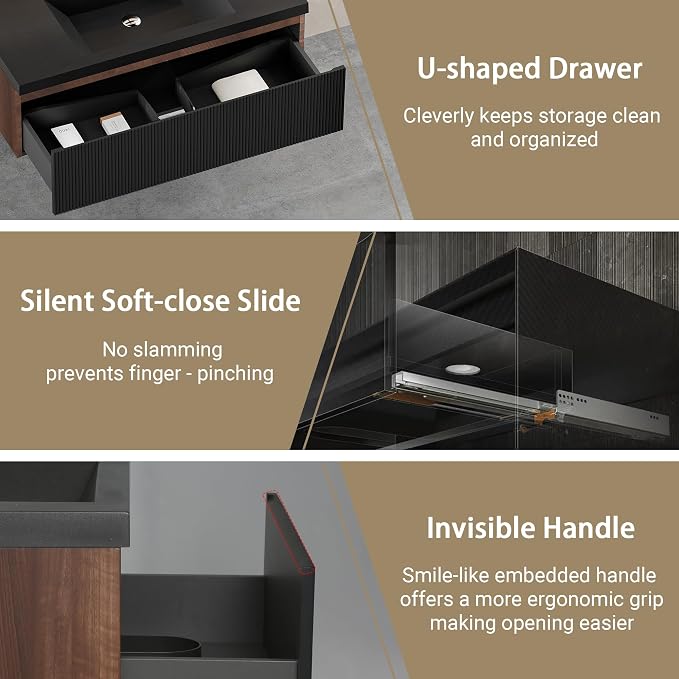 42 Inch Floating Bathroom Vanity with Sink, Modern Black Wall Mounted Floating Vanity with Scratch-Resistant Quartz Sand Basin, Soft Closing Drawers, Fully Pre Assembled Bathroom Vanity