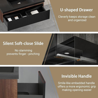 42 Inch Floating Bathroom Vanity with Sink, Modern Black Wall Mounted Floating Vanity with Scratch-Resistant Quartz Sand Basin, Soft Closing Drawers, Fully Pre Assembled Bathroom Vanity