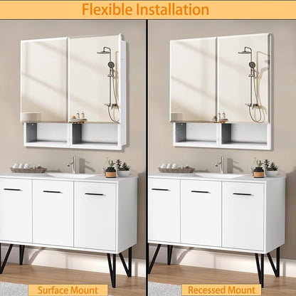 Medicine Cabinet with Mirror, 32x26 Inch Bathroom Mirrored Cabinet with Double Doors, Extra Storage Space, Bevel Mirror Wall Cabinet, Recessed or Surface Mount