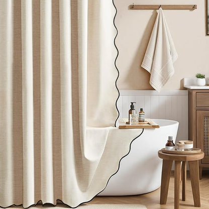 BTTN Boho Scalloped Linen Textured Cloth Shower Curtain, 60x84, Beige/Cream | Narrow Long Size, 230GSM Waterproof Polyester, Heavy Duty Fabric, 10 Plastic Hooks, Modern Farmhouse Style, Machine Washable