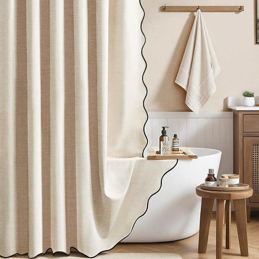 BTTN Boho Scalloped Linen Textured Cloth Shower Curtain, 60x84, Beige/Cream | Narrow Long Size, 230GSM Waterproof Polyester, Heavy Duty Fabric, 10 Plastic Hooks, Modern Farmhouse Style, Machine Washable
