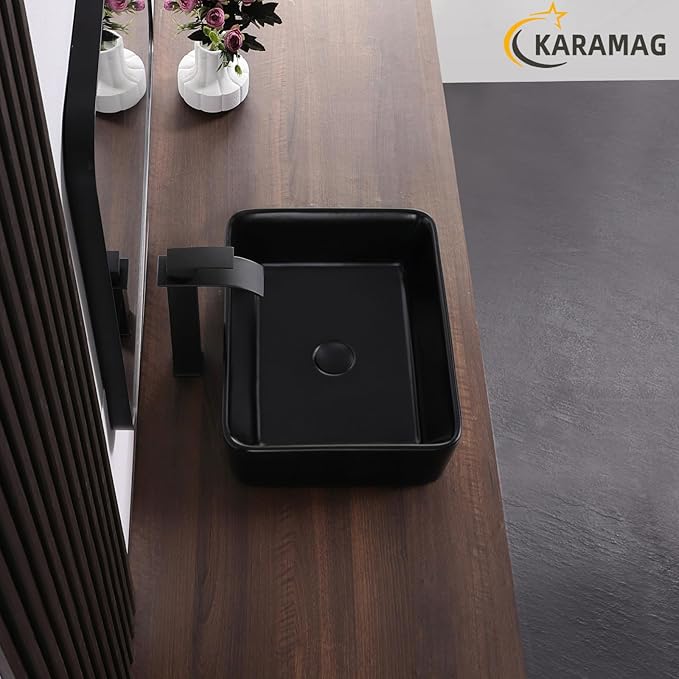 Black Vessel Sink,Rectangle 19"x15" Bathroom Sink Above Counter Porcelain Ceramic Small Sink Bowl Ceramic Vessel Sinks for Bathrooms